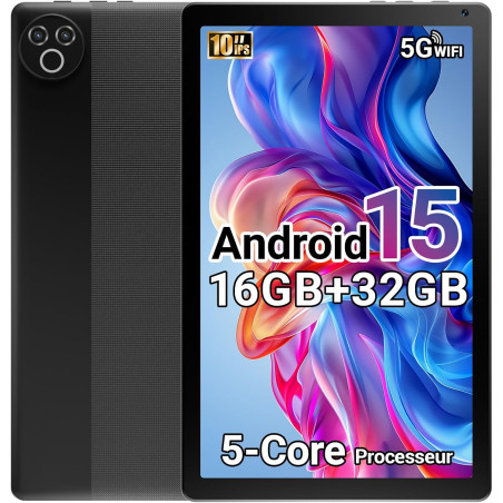 Tablette 10 pouces android 15 2026, 16 go ram, processeur 5 cœurs, écran hd ips 1280x800, double caméra, wifi 6 5g, bleutooth 5.