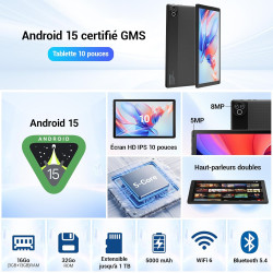 Tablette 10 pouces android 15 2026, 16 go ram, processeur 5 cœurs, écran hd ips 1280x800, double caméra, wifi 6 5g, bleutooth 5.