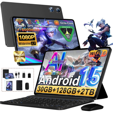 Tablette 10 Pouces Android 15 avec 30Go RAM+128Go ROM(TF/2To), Gemini AI, Tablette Tactile avec 5G+2.4G WiFi, Octa-Core,2.0 Ghz,