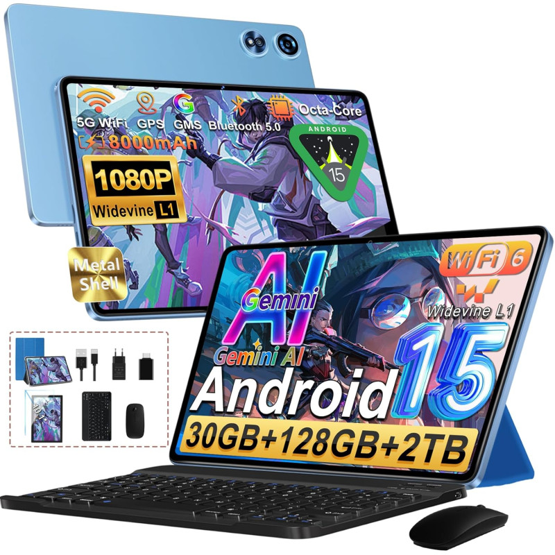 Android 15 Tablette 10 Pouces 30Go RAM+128Go ROM(TF 2To),Gemini AI,Octa-Core 8000mAh, 5G WiFi 6, 5MP+8MP,FHD 1080P Protecteur D'