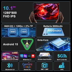 Android 15 Tablette 10 Pouces 30Go RAM+128Go ROM(TF 2To),Gemini AI,Octa-Core 8000mAh, 5G WiFi 6, 5MP+8MP,FHD 1080P Protecteur D'