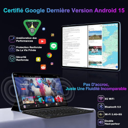 Android 15 Tablette 10 Pouces 30Go RAM+128Go ROM(TF 2To),Gemini AI,Octa-Core 8000mAh, 5G WiFi 6, 5MP+8MP,FHD 1080P Protecteur D'