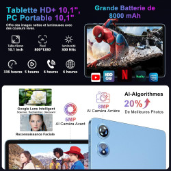 Android 15 Tablette 10 Pouces 30Go RAM+128Go ROM(TF 2To),Gemini AI,Octa-Core 8000mAh, 5G WiFi 6, 5MP+8MP,FHD 1080P Protecteur D'