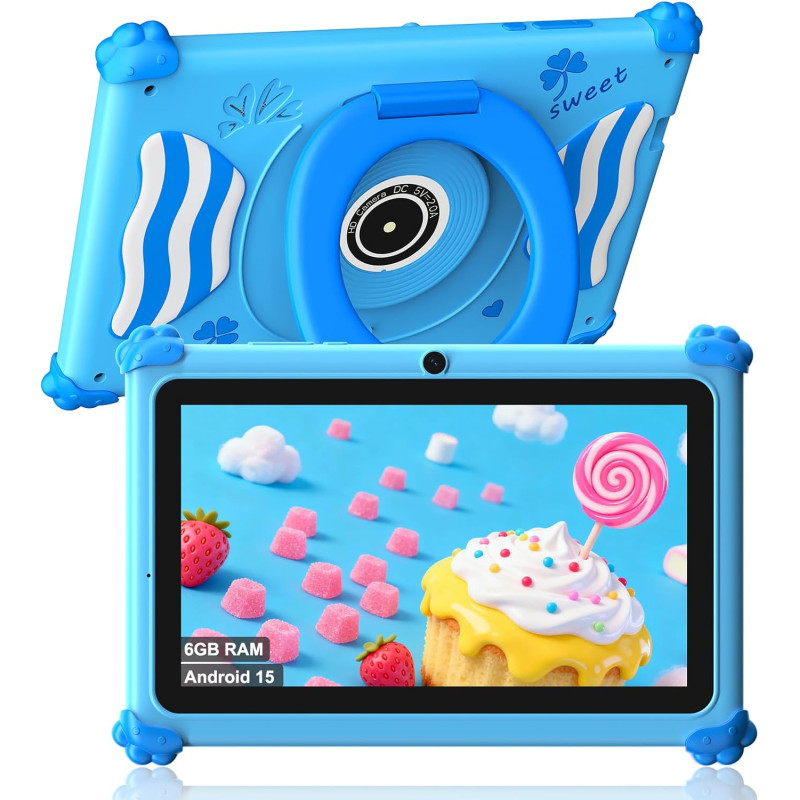 ascrecem Tablette Enfants 7 Pouces Android 15 Tablette pour Enfant avec 2.4G+5G WiFi6 Penta Core 6Go RAM 32Go ROM Double Caméra 