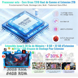 Tablette android 15 10 pouces avec 30go ram+tf 2to,octa-core/gms,gemini ai/widevine l1,wifi 6/bleutooth 5.0,5mp+8mp/1280*800, co