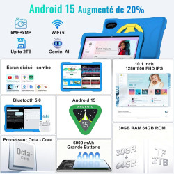Tablette 10 pouces avec 30go ram+tf 2to,octa-core 2.0 ghz/gms, gemini ai/widevine l1/éducative,5g wifi/bleutooth 5.0,5mp+8mp/fhd