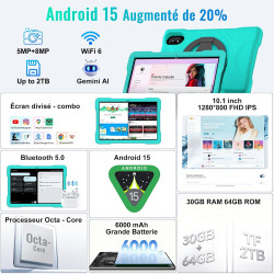 Android 15 tablette 10 pouces 30go ram+64go rom(tf 2to), widevine l1, octa-core, 5g wifi 6 tablette, ips 1280 * 800,gemini ai, 6