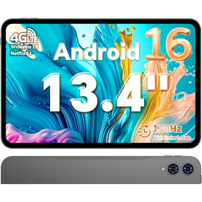 TECLAST T65 Tablette 13.4" Android 16, Écran 120Hz, Dual SIM 4G LTE, 2.2 GHz Octa-Core, 20Go RAM+128Go ROM(TF 4TO), Widevine L1,