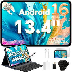 TECLAST T65 Tablette 13.4" Android 16, Écran 120Hz, Tablette avec Clavier et Stylet, Dual SIM 4G LTE, 256 Go ROM, 10000mAh, Wide