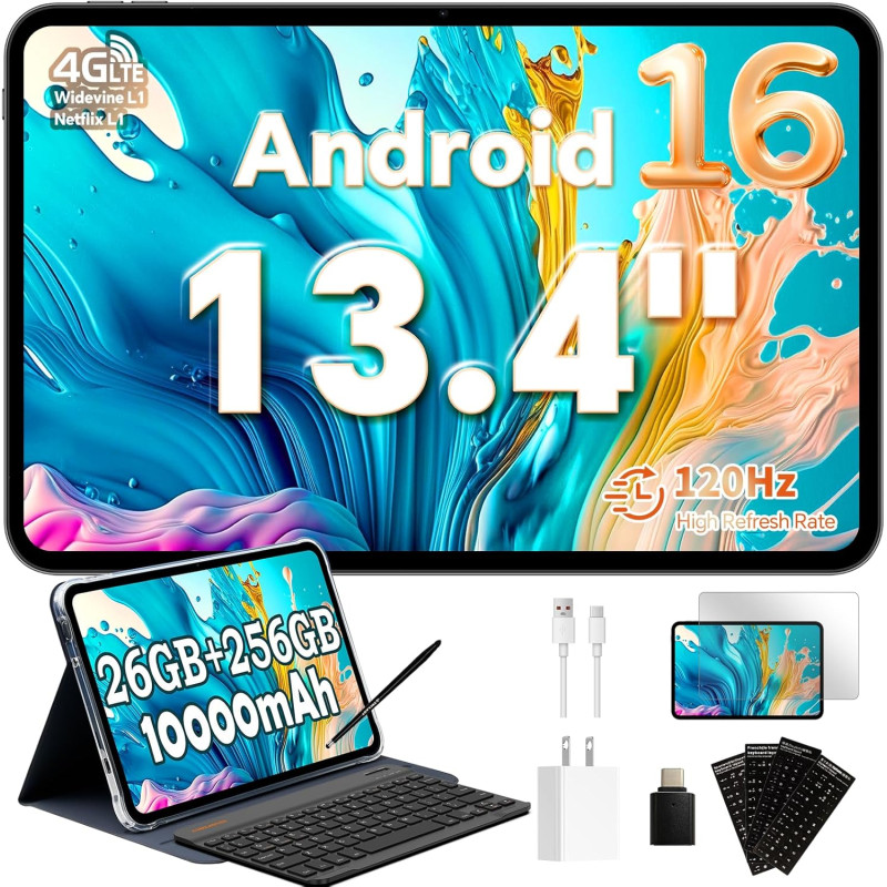TECLAST T65 Tablette 13.4" Android 16, Écran 120Hz, Tablette avec Clavier et Stylet, Dual SIM 4G LTE, 256 Go ROM, 10000mAh, Wide