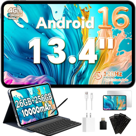 TECLAST T65 Tablette 13.4" Android 16, Écran 120Hz, Tablette avec Clavier et Stylet, Dual SIM 4G LTE, 256 Go ROM, 10000mAh, Wide