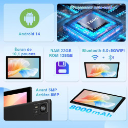 2026 tablette 10 pouces android octa core avec 22go ram + 128go rom (2to tf) | 5g + 2.4g wifi | fhd | gms | bleutooth 5.0 | 8mp 