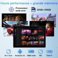 2026 tablette 10 pouces android octa core avec 22go ram + 128go rom (2to tf) | 5g + 2.4g wifi | fhd | gms | bleutooth 5.0 | 8mp 