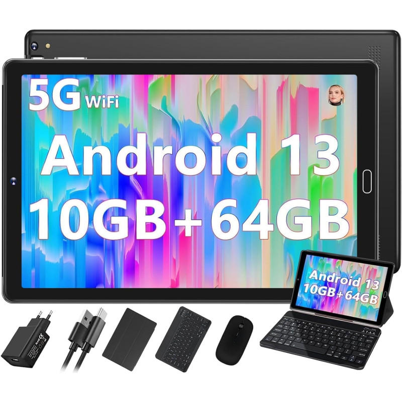 GOODTEL Tablette 10 Pouces Android 13 Quad-Core avec 10Go RAM + 64Go ROM (1To TF) | 5G + 2.4G WiFi | 6000mAh | GMS | BT5.0 | 8MP