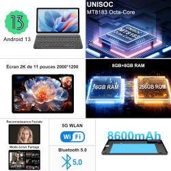 Goodtel 2025 tablette tactile 11 pouces android 16gb ram+256gb rom(tf 1tb), octa-core, 8600mah,2k écran 2000 * 1200, wifi 5g, gp