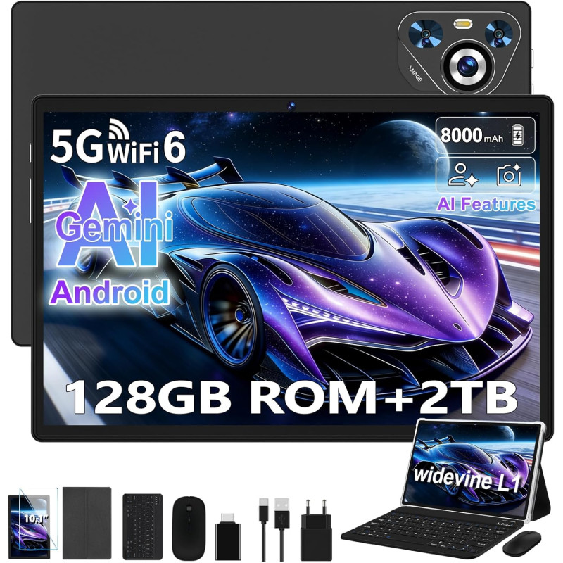 Tablette Android Tablet Tactile, 8000mAh, 22Go RAM + 128Go ROM/WiFi 5G+2.4G, 8-Cores, BT5.0, 8MP+5MP, Widevine L1, GMS Certified