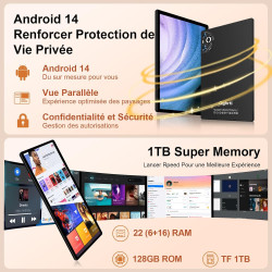 Tablette Android Tablet Tactile, 8000mAh, 22Go RAM + 128Go ROM/WiFi 5G+2.4G, 8-Cores, BT5.0, 8MP+5MP, Widevine L1, GMS Certified