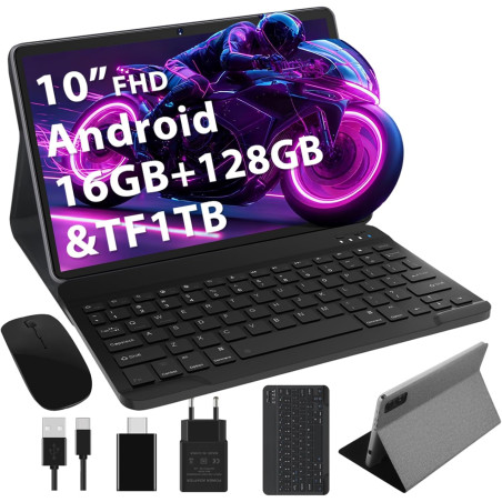 Tablette 10 Pouces Android, 8000mAh, Tablet tactiles avec étui, 16Go RAM+128Go ROM(TF 1To), Octa-Core 2.0GHz, WiFi 5G/2.4G,BT 5.
