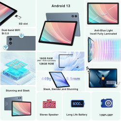 Tablette 10 Pouces Android, 8000mAh, Tablet tactiles avec étui, 16Go RAM+128Go ROM(TF 1To), Octa-Core 2.0GHz, WiFi 5G/2.4G,BT 5.