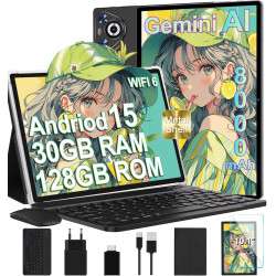 Tablette Android 15 10 Pouces, 30Go RAM 128Go Extensible 1To, Octo-Core, 8000mAh, Corps métal, caméras 5MP+8MP, WiFi2.4G/5G, Fac