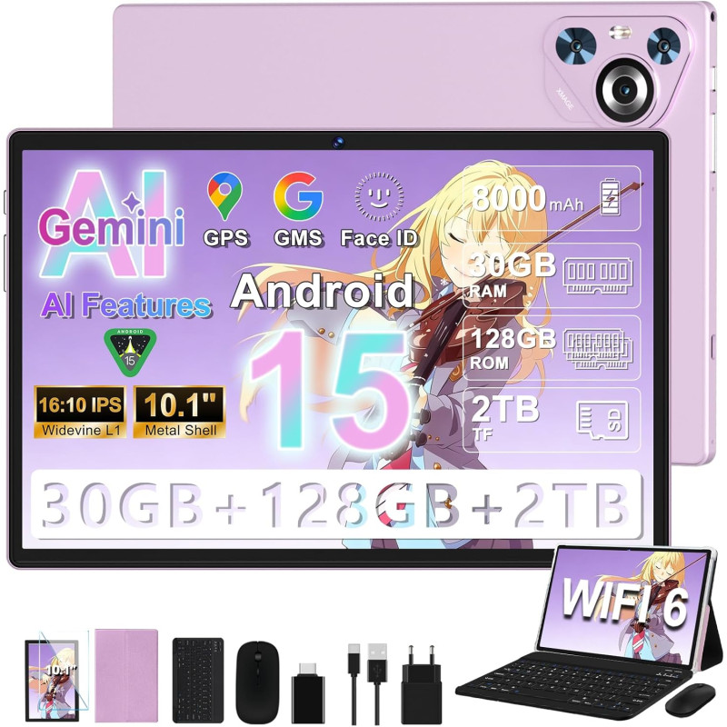 2025 Tablette Android 15 10" Écran IPS HD | 30Go RAM 128Go + TF 1To | Octo-Core 8000mAh | Wi-FI 6 | Widevine L1 | Caméra 8MP+5MP