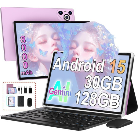 Tablette Android 15 10" à coque métallique, 30 Go de RAM et clavier-souris, 128 Go de ROM/TF 1 To Extensible, 8000 mAh,UFS 2.1 f