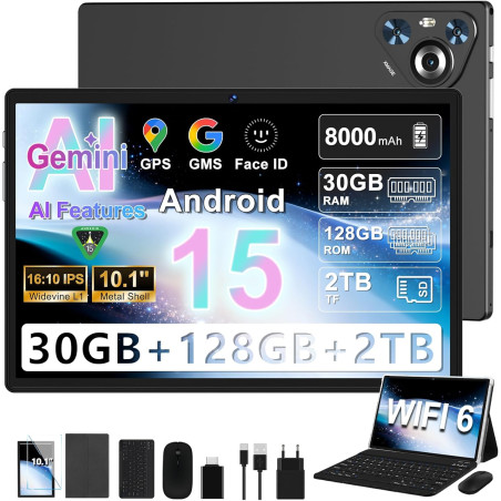 2026 Tablette Android 15 【30Go RAM 128Go+2To】- Écran IPS HD 10" - 【Octo-Core 8000mAh WiFi 6】- Caméras 【5MP+8MP Face ID】- Corps M