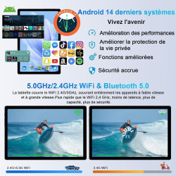 fezawio Tablette Tactile 10 Pouces Android 14, 22Go RAM+128Go ROM(Extensible 1To)|5MP+8MP|5G Wi-FI|Certifié Widevine L1|Processe