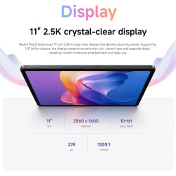 Xiaomi rougemi pad 2 tablette grey 8+256go, écran 11" 2,5k, batterie 9000 mah, 4 haut-parleurs, hyperos 2, charge rapide 18 w(ch