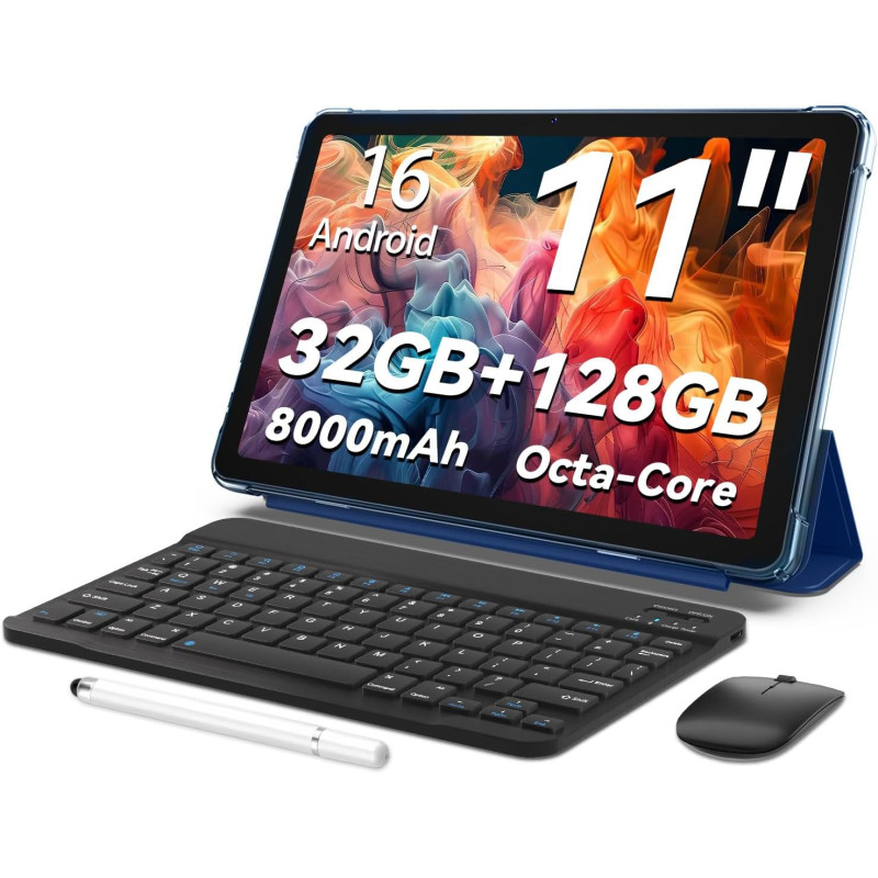 Tablette Android 16,tablette 11 pouces,32 Go + 128 Go extensible à 1 To, pack productivité avec housse clavier, stylet, processe