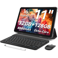 Tablette Android 16,tablette 11 pouces,32 Go + 128 Go extensible à 1 To, pack productivité avec housse clavier, stylet, processe