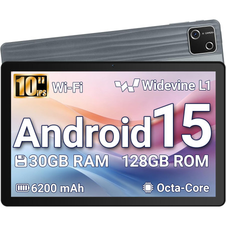 Tablette 10 Pouces Android 15 certifiée GMS, 30Go RAM + 128Go ROM (2To TF), Octa-Core, 6200mAh, HD 1280x800, WiFi 6, BT 5.3, Wid