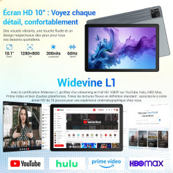 Tablette 10 Pouces Android 15 certifiée GMS, 30Go RAM + 128Go ROM (2To TF), Octa-Core, 6200mAh, HD 1280x800, WiFi 6, BT 5.3, Wid
