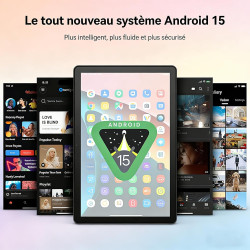 Tablette 10 Pouces Android 15 certifiée GMS, 30Go RAM + 128Go ROM (2To TF), Octa-Core, 6200mAh, HD 1280x800, WiFi 6, BT 5.3, Wid