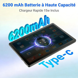 Tablette 10 Pouces Android 15 certifiée GMS, 30Go RAM + 128Go ROM (2To TF), Octa-Core, 6200mAh, HD 1280x800, WiFi 6, BT 5.3, Wid