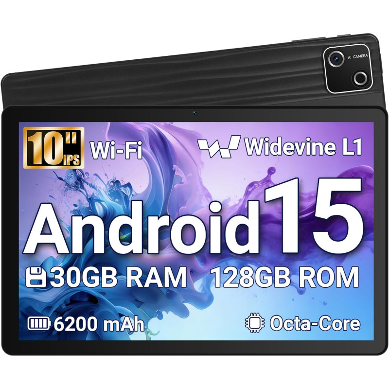 Tablette 10 Pouces Android 15 certifiée GMS, 30Go RAM + 128Go ROM (2To TF), Octa-Core, 6200mAh, HD 1280x800, WiFi 6, BT 5.3, Wid