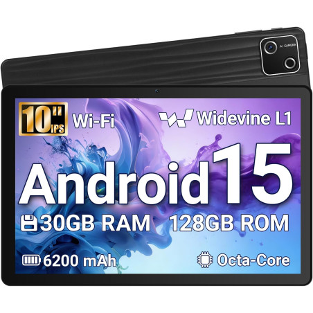 Tablette 10 Pouces Android 15 certifiée GMS, 30Go RAM + 128Go ROM (2To TF), Octa-Core, 6200mAh, HD 1280x800, WiFi 6, BT 5.3, Wid