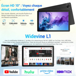 Tablette 10 Pouces Android 15 certifiée GMS, 30Go RAM + 128Go ROM (2To TF), Octa-Core, 6200mAh, HD 1280x800, WiFi 6, BT 5.3, Wid
