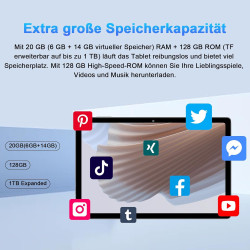 Tablette 2026 10 pouces avec widevine l1, android, 20 go de ram + 128 go de rom (tf 2 to), octa-core 2 ghz, wifi 6, gemini ai, b