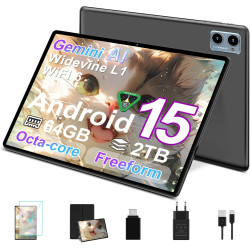Tablette suaat android 15 avec 64 go de ram + 2 to tf, écran de 10,1 pouces, octa-core, gemin ai, wifi 6, bleutooth 5.0, double 