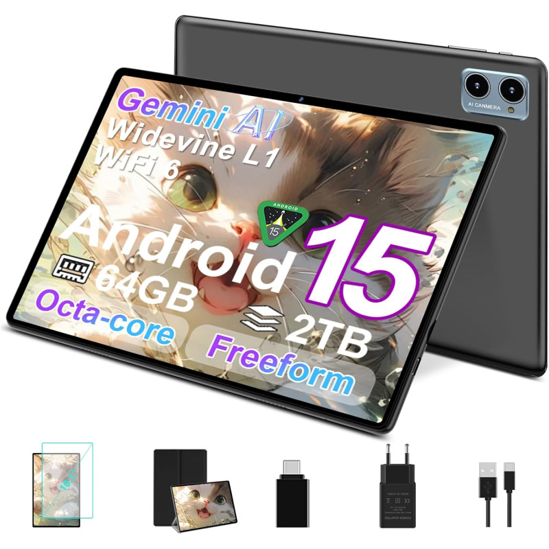Tablette suaat android 15 avec 64 go de ram + 2 to tf, écran de 10,1 pouces, octa-core, gemin ai, wifi 6, bleutooth 5.0, double 