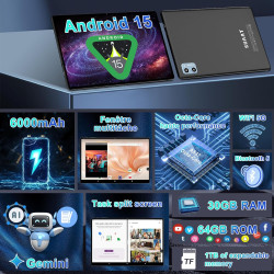 Tablette suaat android 15 avec 64 go de ram + 2 to tf, écran de 10,1 pouces, octa-core, gemin ai, wifi 6, bleutooth 5.0, double 