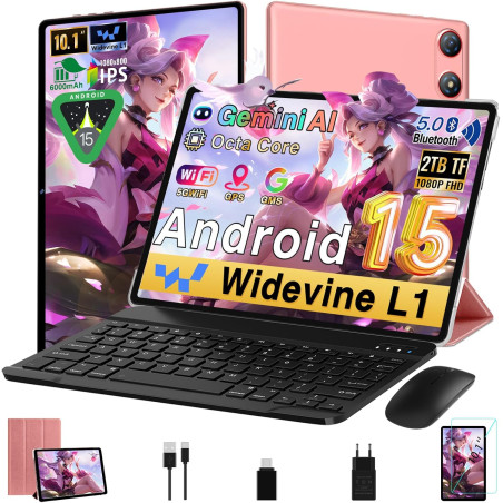 Tablette android tablette 10 pouces, 64 go rom + 2 to tf extensible, octa-core 2.0 ghz, gemini ai, gms certification, 5wifi, 5mp