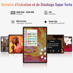 Tablette android tablette 10 pouces, 64 go rom + 2 to tf extensible, octa-core 2.0 ghz, gemini ai, gms certification, 5wifi, 5mp