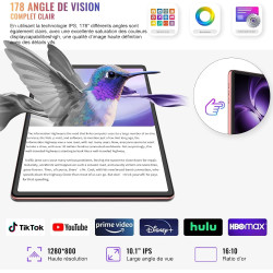 Tablette android tablette 10 pouces, 64 go rom + 2 to tf extensible, octa-core 2.0 ghz, gemini ai, gms certification, 5wifi, 5mp