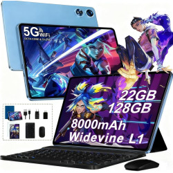 Tablette Android 10 Pouces avec Gemini AI, 22GoRAM + 128 Go ROM (Extensible Jusqu'à 2 To), WiFi 6, 8000 mAh, Widevine L1, Octa-C