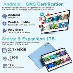 Tablette Android 10 Pouces avec Gemini AI, 22GoRAM + 128 Go ROM (Extensible Jusqu'à 2 To), WiFi 6, 8000 mAh, Widevine L1, Octa-C