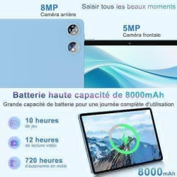 Tablette Android 10 Pouces avec Gemini AI, 22GoRAM + 128 Go ROM (Extensible Jusqu'à 2 To), WiFi 6, 8000 mAh, Widevine L1, Octa-C