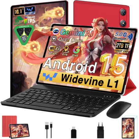 Android tablette 10 pouces 64go rom + 2to tf, gemini ai, face id,octa-core 2.0 ghz, 1080 * 800 fhd ips, veille extra longue, 5g 