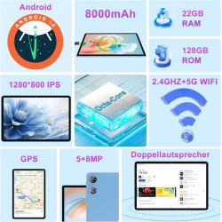 2026 tablette 10 pouces android avec 22go ram+128go rom(tf/2to) octa-core 2.0ghz, 5g+2.4g wifi 6,bleutooth 5.0, caméra 5mp+8mp, 